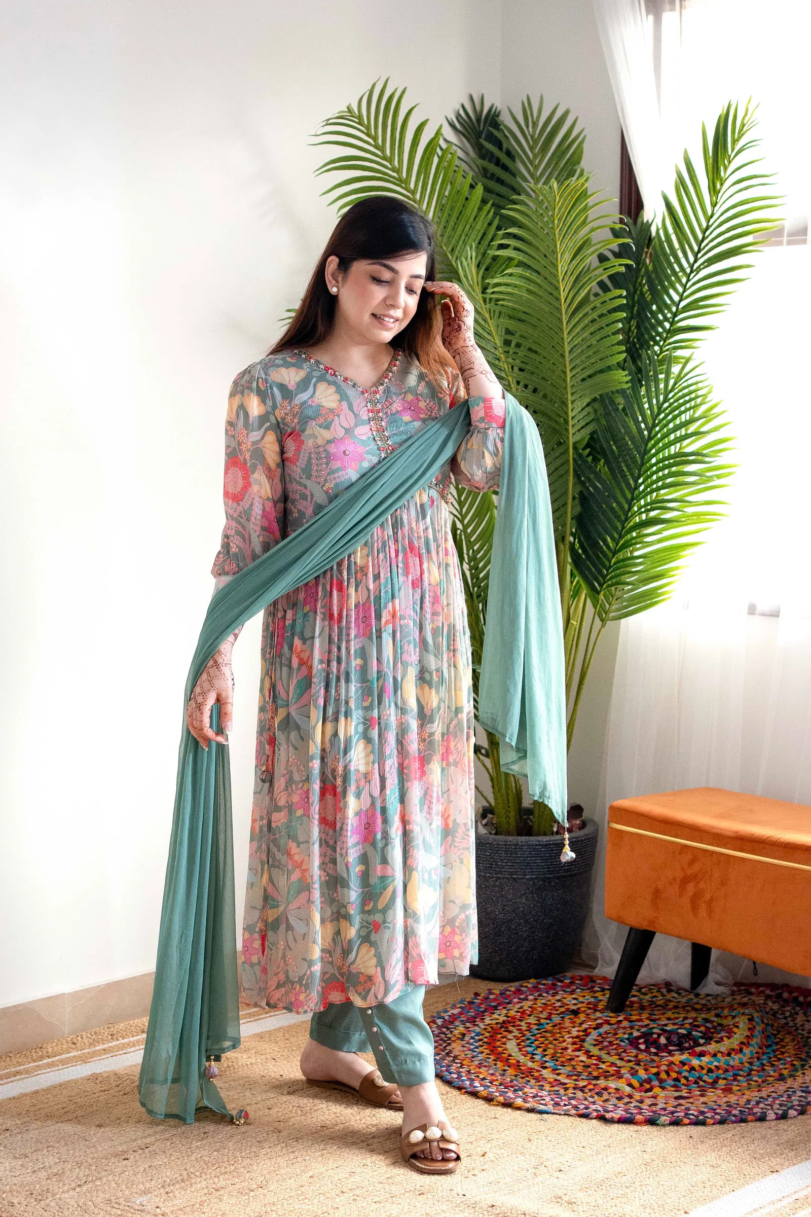 Mehera Green Floral Alia Cut Kurti With Bottom Catalog